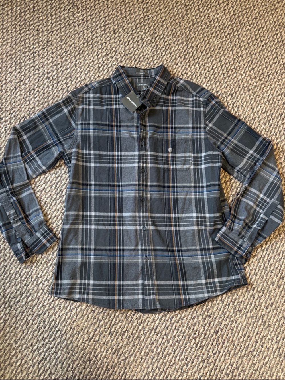 NWT Eddie Bauer Men's Plaid Flannel Button-Down Lo by Sleeve Shirt - Blue & Gray